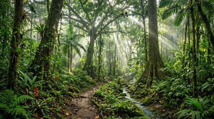 Obraz premium Lush tropical rainforest with a crystal-clear stream, vibrant green foliage, and sunlight rays filtering through dense jungle trees.