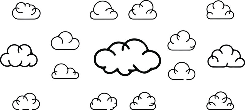 Clean outline cloud icon collection of simple atmospheric shapes in monochrome style with varied organic forms arranged in structured grid composition.