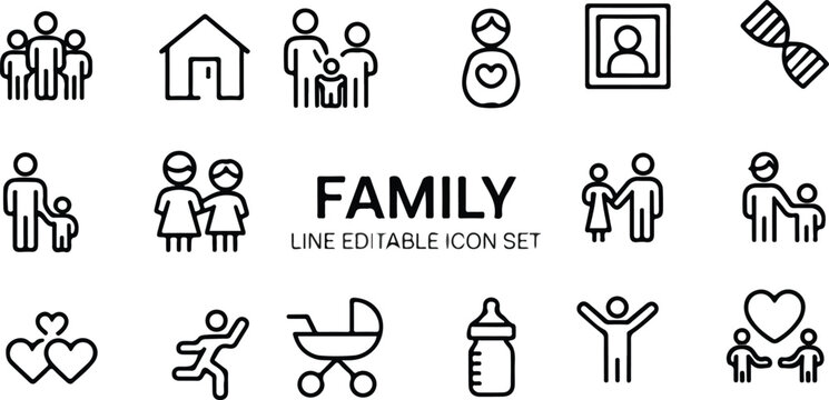 Clean family themed outline icon collection featuring human relationships, bonding, parenting and lifestyle concepts arranged in structured 4x3 grid with typography.