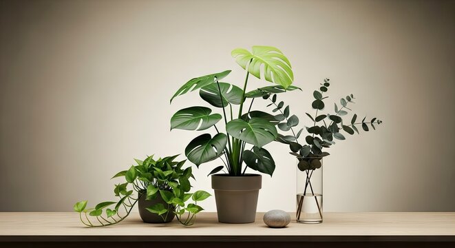 Monstera and pothos plants on wooden table against neutral background