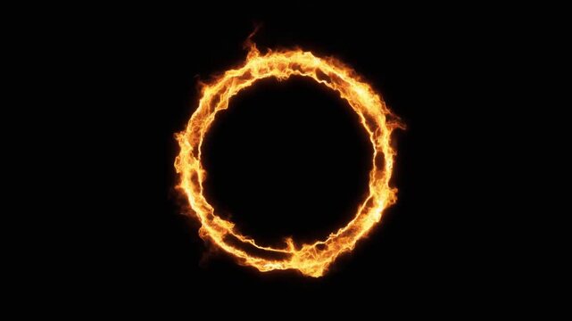 Fire ring burning with orange flames on black background. Circular flame motion graphic. Glowing heat energy loop. Cinematic visual effect for video production projects.