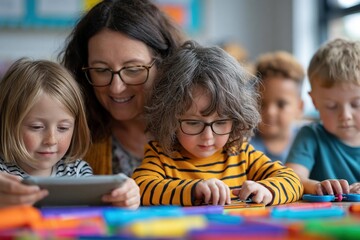 Fototapeta premium Teacher Supporting Diverse Children in Inclusive Classroom at Science Table