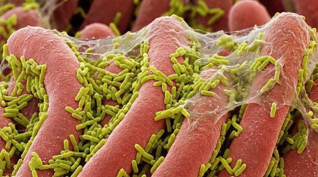 Bacterium, green rod-shaped microbe developing biofilm structure on human intestinal villus, showing cellular interaction, microbial colonization, and complex gut microbiota within digestive system.