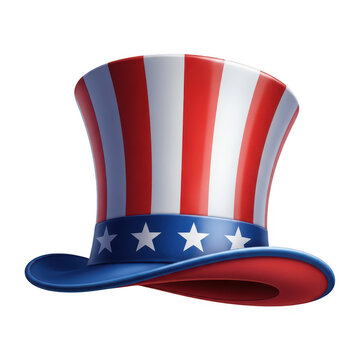 Uncle sam style top hat with red white and blue stripes isolated on transparent background.