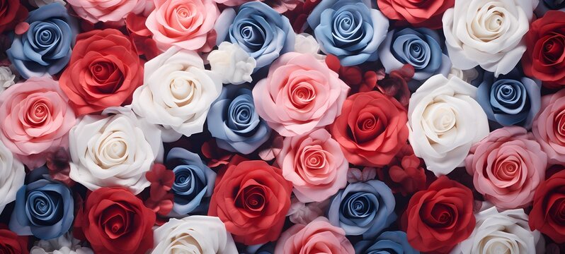 hyper realistic photorealistic distant top-down view of a vast surface densely covered with real roses in a soft mix of red. Generative AI