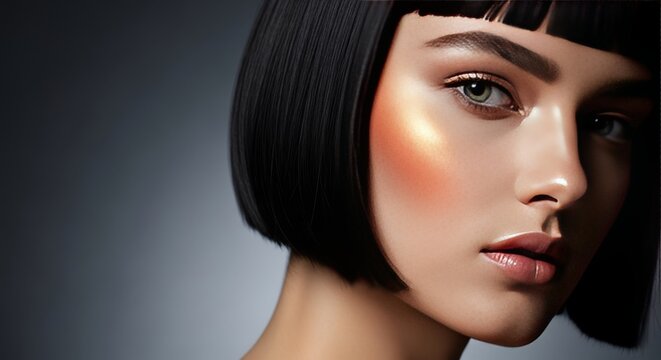 Radiant glow on high cheekbones with a sharp dark bob hairstyle against a minimalist gray backdrop for high-end luxury cosmetic aesthetics, shine, cosmetic, aesthetic