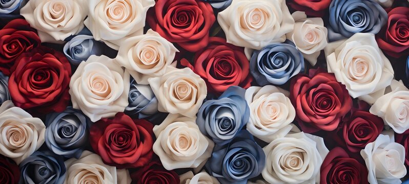 hyper realistic photorealistic distant top-down view of a vast surface densely covered with real roses in a soft mix of red. Generative AI