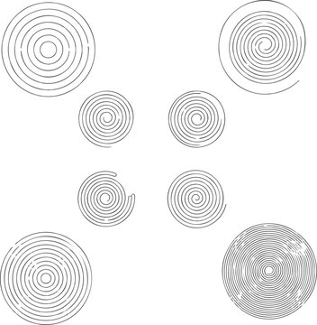 Abstract line art design of concentric circular pattern set with central nested ring and surrounding six evenly spaced geometric circle elements.