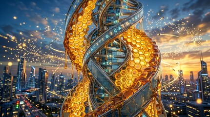 Obraz premium Surreal digital art of a futuristic DNA spiral skyscraper with glowing genetic codes, golden honeycombs, and dripping honey at sunset.