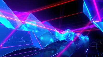 Obraz premium Abstract geometric shapes glow, vibrant neon colors dominate dark space. Lines intersect creating futuristic scene. Digital art.