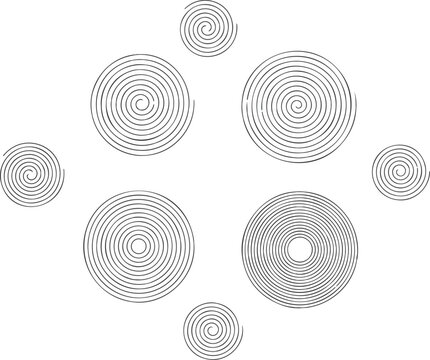 Abstract line art design of concentric circular pattern set with central nested ring and surrounding six evenly spaced geometric circle elements.
