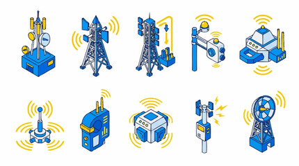 Fototapeta premium Collection of various industrial communication towers and antennas.