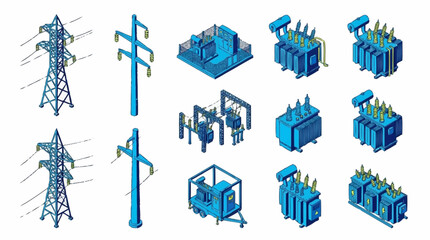 Fototapeta premium Electric power infrastructure and transmission tower icons.