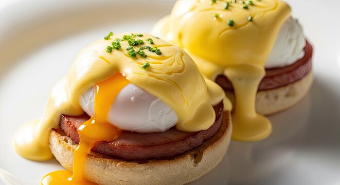 Two eggs benedict with runny yolk on white plate