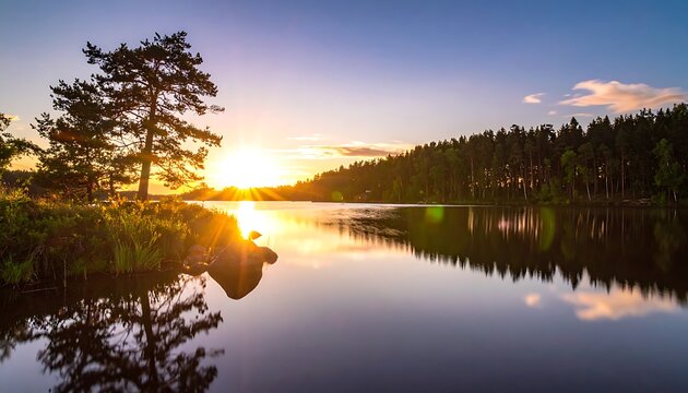 A serene lake at sunset surrounded by trees