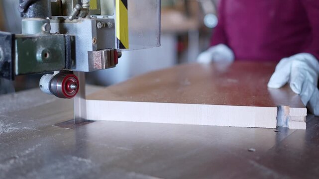 Band saw blade cutting a wooden board