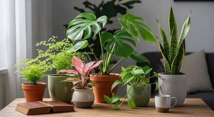 Fototapeta premium Various potted houseplants open book and steaming mug on table