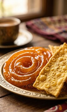Close-Up Jalebi and Fafda Premium Breakfast Shot