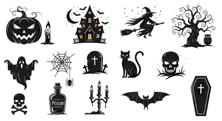 Obraz premium Halloween black silhouette icon collection on white background