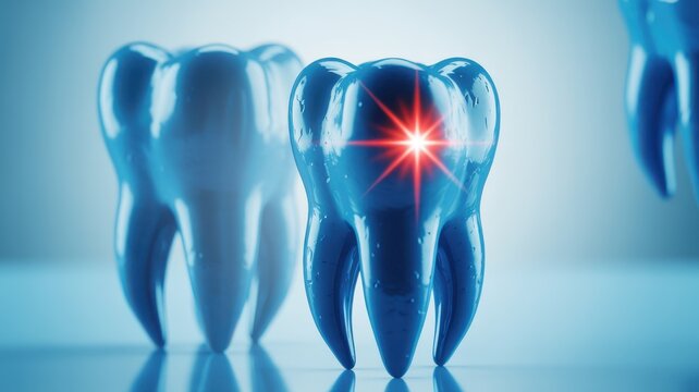 3D render of blue molar tooth with a red glowing point of pain or decay on a reflective surface