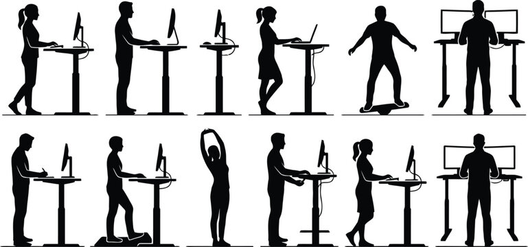 Silhouettes of people working at adjustable standing desks, stretching, using a balance board, and maintaining a healthy ergonomic posture in a modern office.