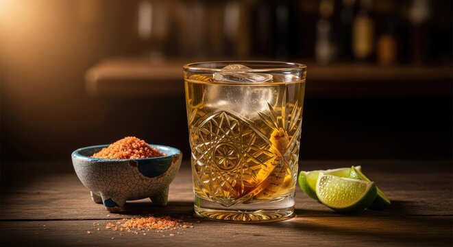 Mezcal cocktail with worm salt and lime on wooden bar