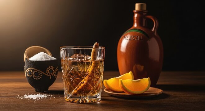 Mezcal glass with maguey worm and orange on wooden table