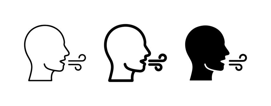 Breath icon set, exhale symbol, human profile air flow