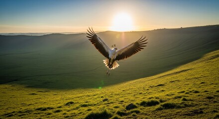 Naklejka premium A secretary bird with expansive wings spread wide takes flight over a vast, grassy crater landscape under a clear sky during the golden hour, wings, valley, raptorial