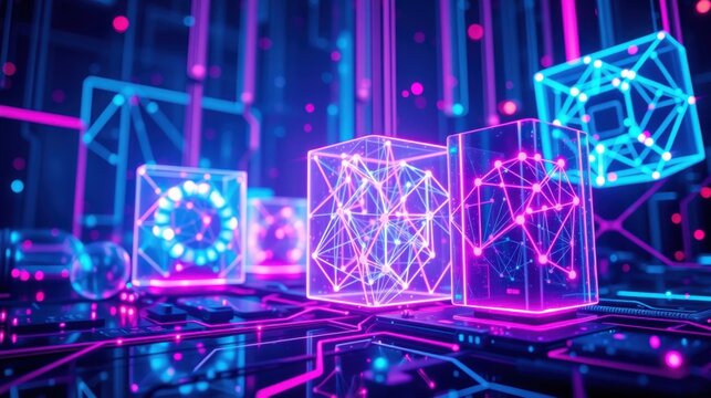Glowing cubes dominate scene. Complex network lines connect structures. Futuristic digital landscape, vibrant neon colors present.