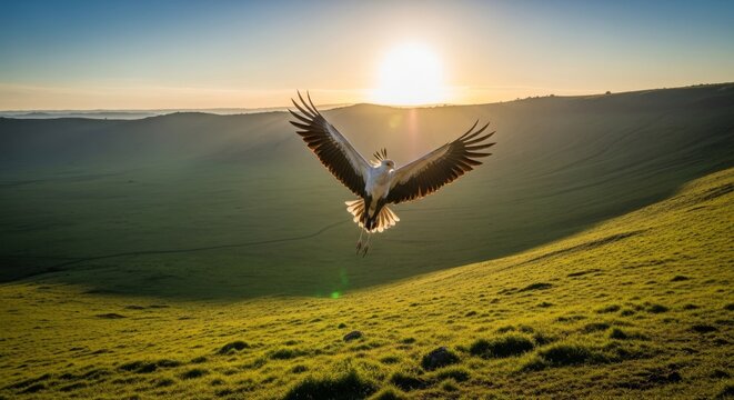 A secretary bird with expansive wings spread wide takes flight over a vast, grassy crater landscape under a clear sky during the golden hour, wings, valley, raptorial