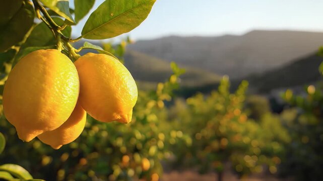 Lemons, ripe yellow lemons hanging from tree branch, green leaves and blurred mountain landscape background, natural sunlight, symbolizing freshness and nature