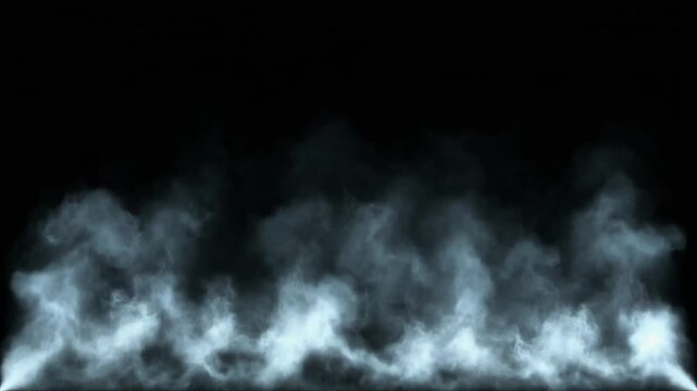 Blue ethereal smoke rising slowly against a solid black background. Cinematic wispy vapor clouds swirling in a continuous motion. Abstract steam and fog elements for overlays.