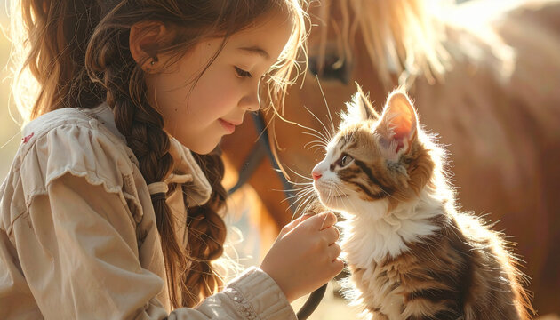 Young girl bonding with kitten