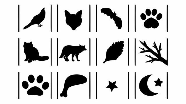 Set of black silhouettes of animals, nature elements and icons