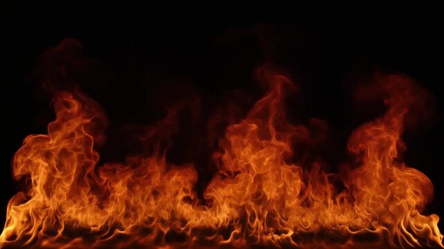 Fire wall burning with intense orange flames. Dynamic heat waves rising against black background. Horizontal fire line for visual effects. High contrast burning flame footage.