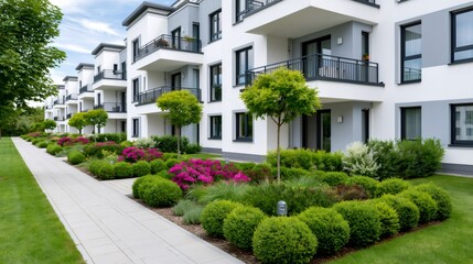 Fototapeta premium Modern apartment building with landscaped green garden