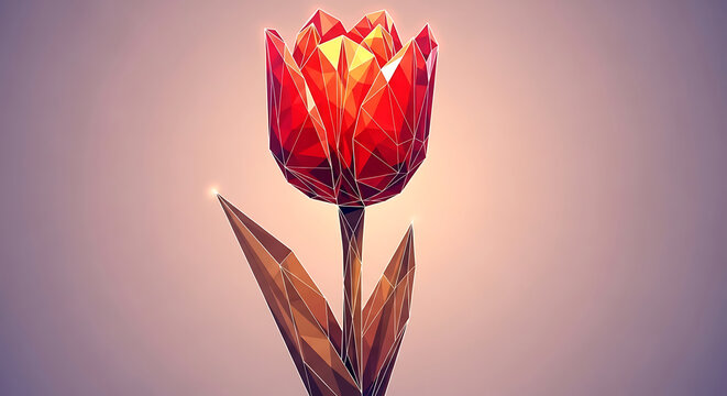 Low poly red tulip flower with geometric triangular facets on a soft gradient background
