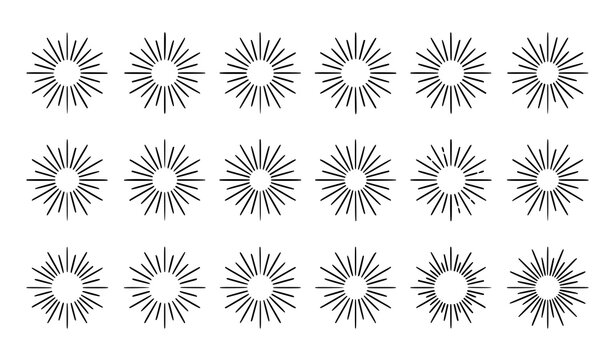 Minimal Sunburst Shape, Radiating Sun Rays and Vintage Light Vector Collection
