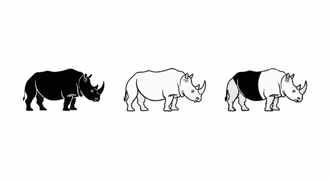 Illustrated rhinoceros trio in contrasting color patterns.