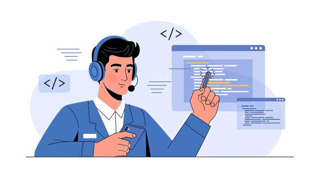 Programmer with headset and phone coding on computer screen, IT support concept