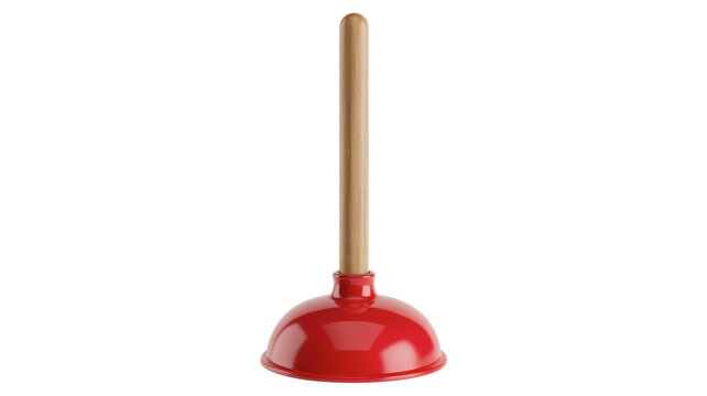 Red rubber plunger with wooden handle on clean background isolated on transparent background