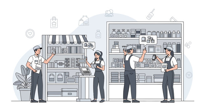Retail Staff Stocktaking Inventory in Store Illustration