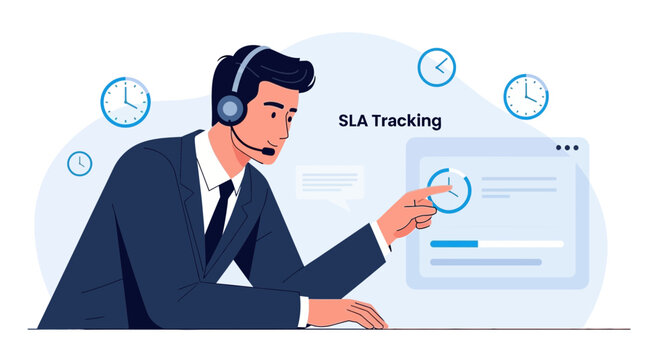 SLA Tracking Concept: Manager With Headset Monitors Time On Screen