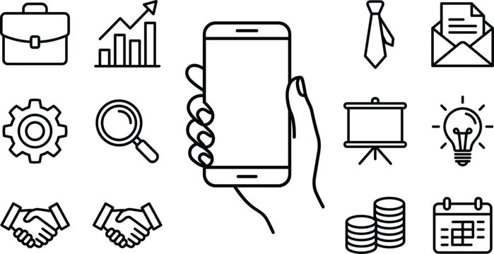 Corporate business mobile marketing line art icon set featuring hand holding smartphone briefcase chart handshake lightbulb vector