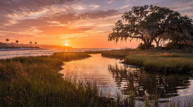 A serene coastal marshland scene at sunset featuring a prominent moss draped oak tree.