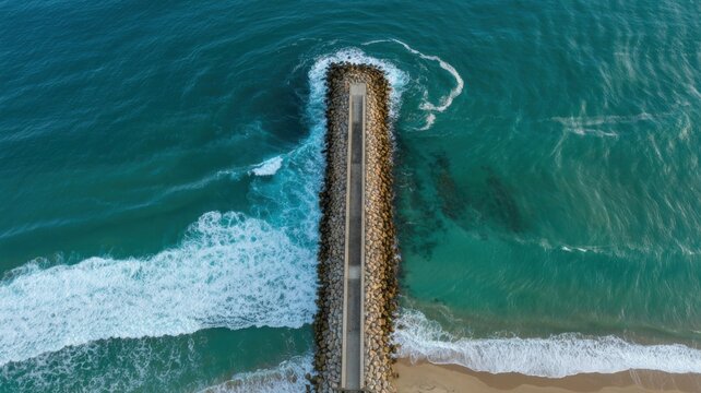 Aerial view of a stone breakwater extending into a turquoise ocean with crashing waves
