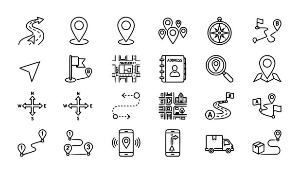 Address Line Icon Set Featuring Route Navigation Map Location and GPS Symbols