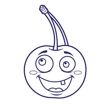 Cheerful cherry fruit cartoon character with a goofy smile missing tooth expressive eyes looking up outline art line art character illustration cheerful innocent