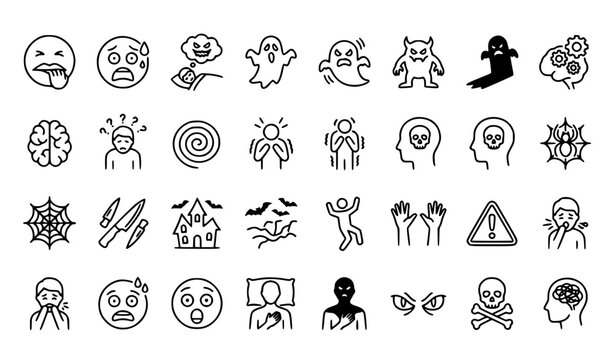 Fear Line Icon Set Featuring Nervous Scared Nightmare Ghost and Stress Symbols